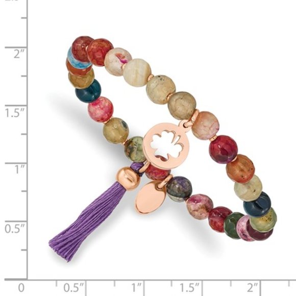 Multi Color Agate Beaded Stretch Bracelet with Tassel and Rose IP Plated Charms - Picture 3 of 3